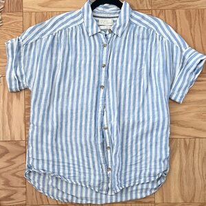 J. Crew Light Blue and White Striped Casual Linen Shirt